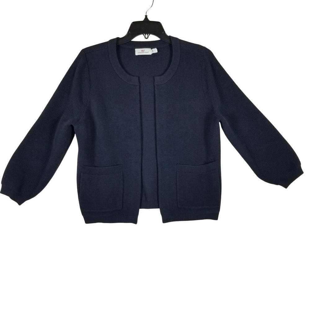 Vineyard Vines Cardigan Women Small Navy Blue Ribbed Open Front Pocket Sweater